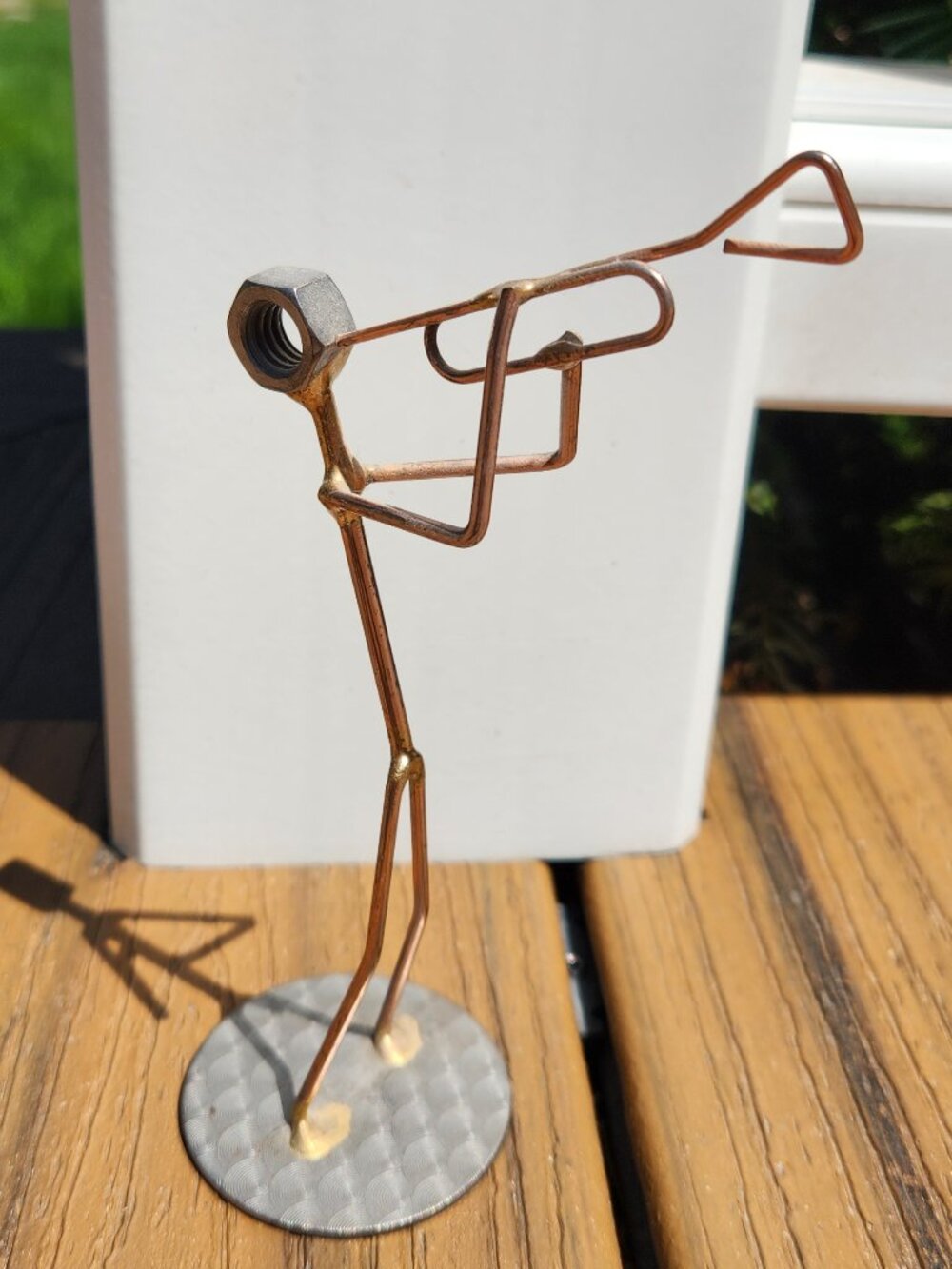 Vintage Trumpet Player Figurine made with Nut and Copper Wiring/Metal